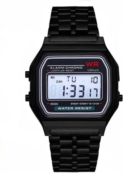 Retro Digital Watch – Stainless Steel, Water Resistant, Alarm, Chronograph
